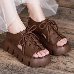 NIB    HZM | Coffee Lace-Up Super Soft Leather Platform Sandal   ZL840